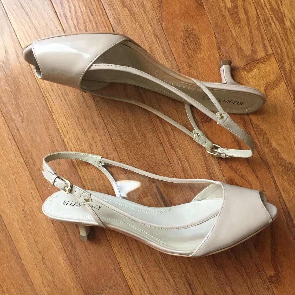 Ellen Tracy Nude Patent Slingback Kitten Heels